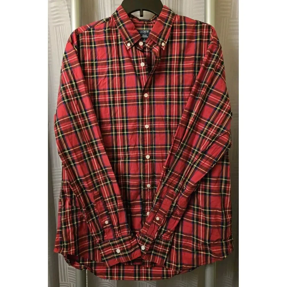 J Crew Shirt Men Large Red Plaid Long‎ Sleeve Button Front Collared Holiday